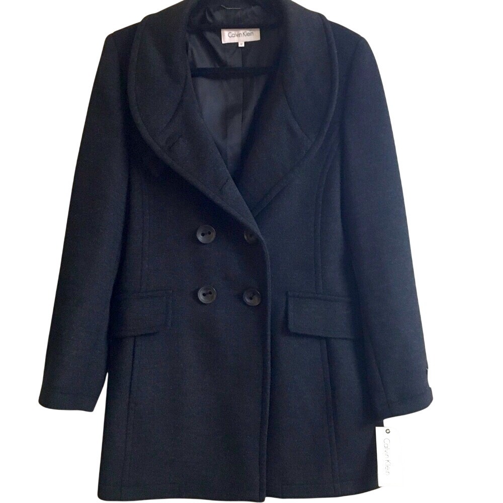 Calvin Klein 100% Super Fine Wool Pea Coat Women's 12 Gray Winter NEW